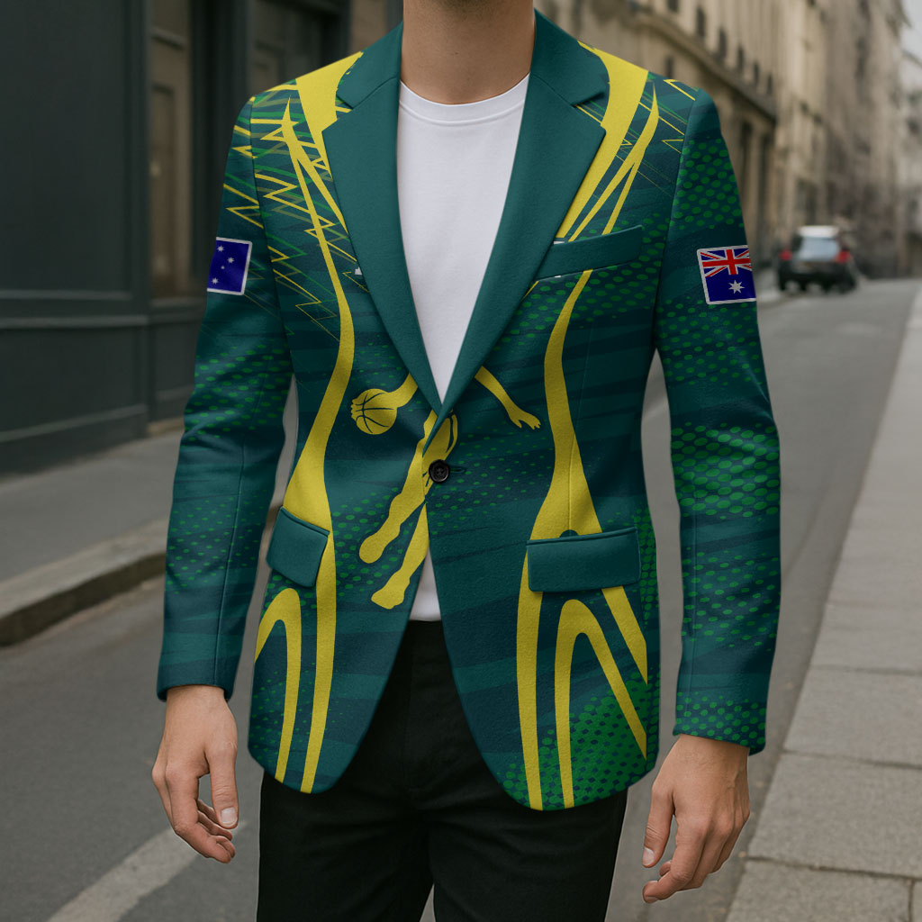 Australian Opals Basketball Blazer Iconic Green And Gold Silhouette With Sharp Abstract Graphics