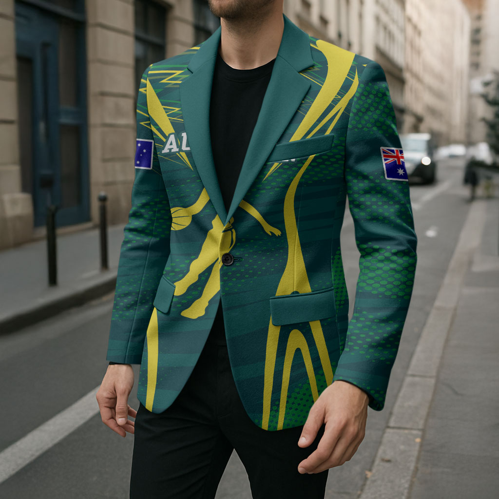 Australian Opals Basketball Blazer Iconic Green And Gold Silhouette With Sharp Abstract Graphics