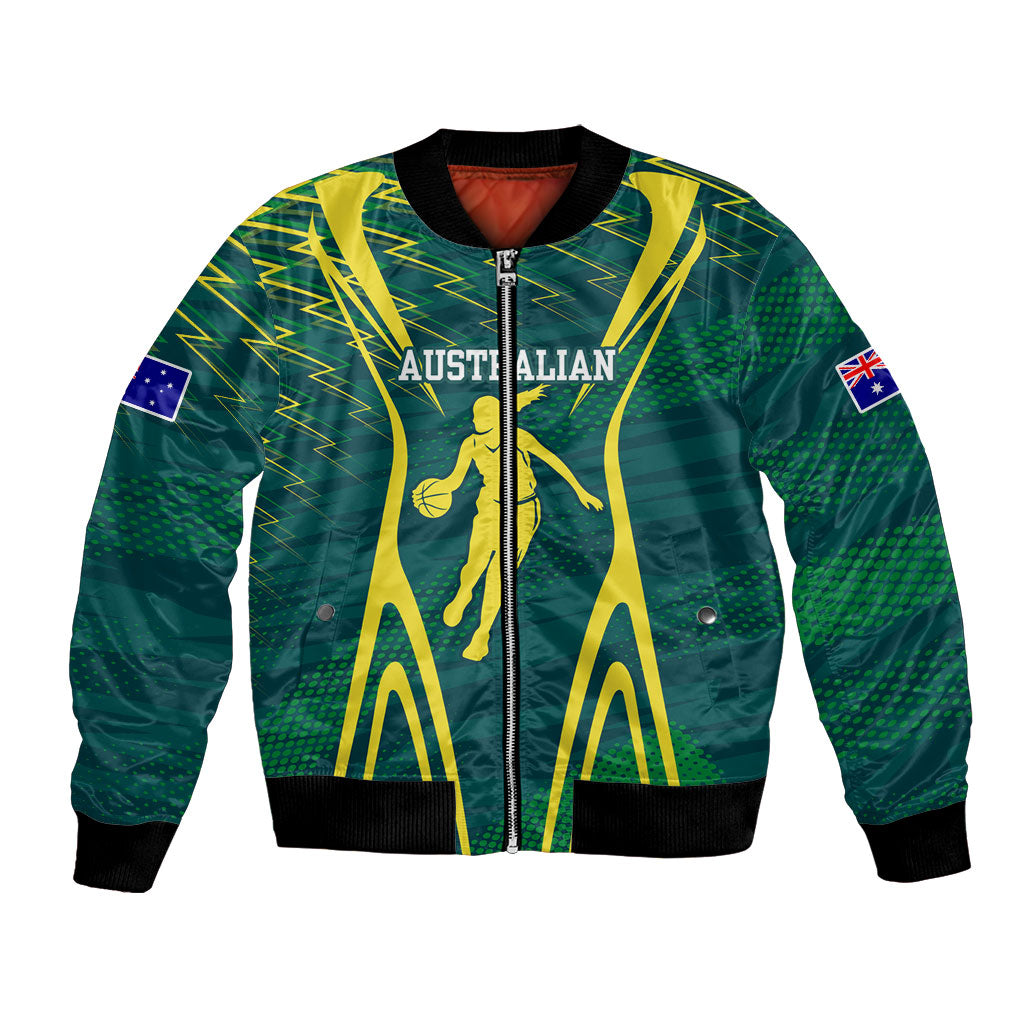 Australian Opals Basketball Bomber Jacket Iconic Green And Gold Silhouette With Sharp Abstract Graphics