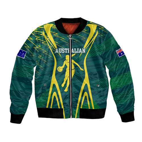 Australian Opals Basketball Bomber Jacket Iconic Green And Gold Silhouette With Sharp Abstract Graphics