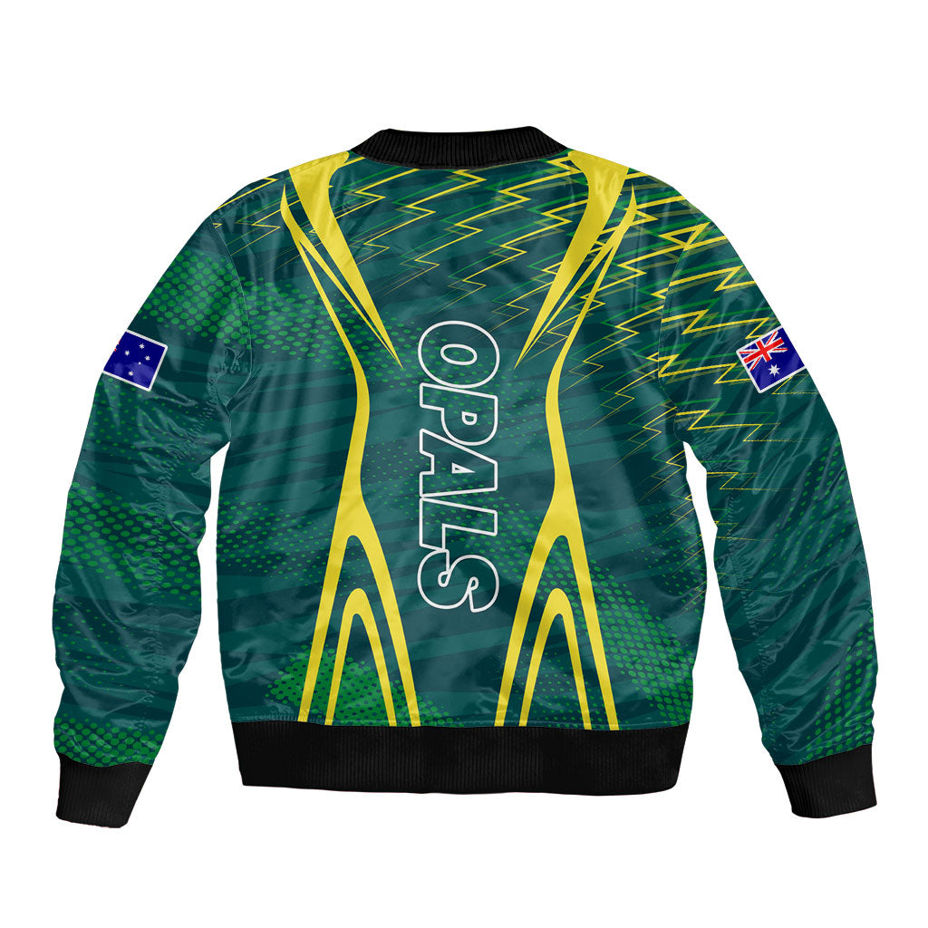 Australian Opals Basketball Bomber Jacket Iconic Green And Gold Silhouette With Sharp Abstract Graphics