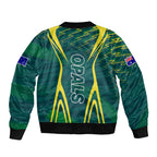 Australian Opals Basketball Bomber Jacket Iconic Green And Gold Silhouette With Sharp Abstract Graphics