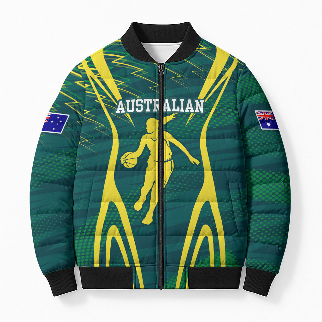 Australian Opals Basketball Bomber Puffer Jacket Iconic Green And Gold Silhouette With Sharp Abstract Graphics