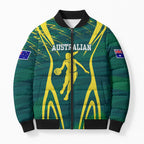 Australian Opals Basketball Bomber Puffer Jacket Iconic Green And Gold Silhouette With Sharp Abstract Graphics