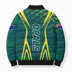 Australian Opals Basketball Bomber Puffer Jacket Iconic Green And Gold Silhouette With Sharp Abstract Graphics