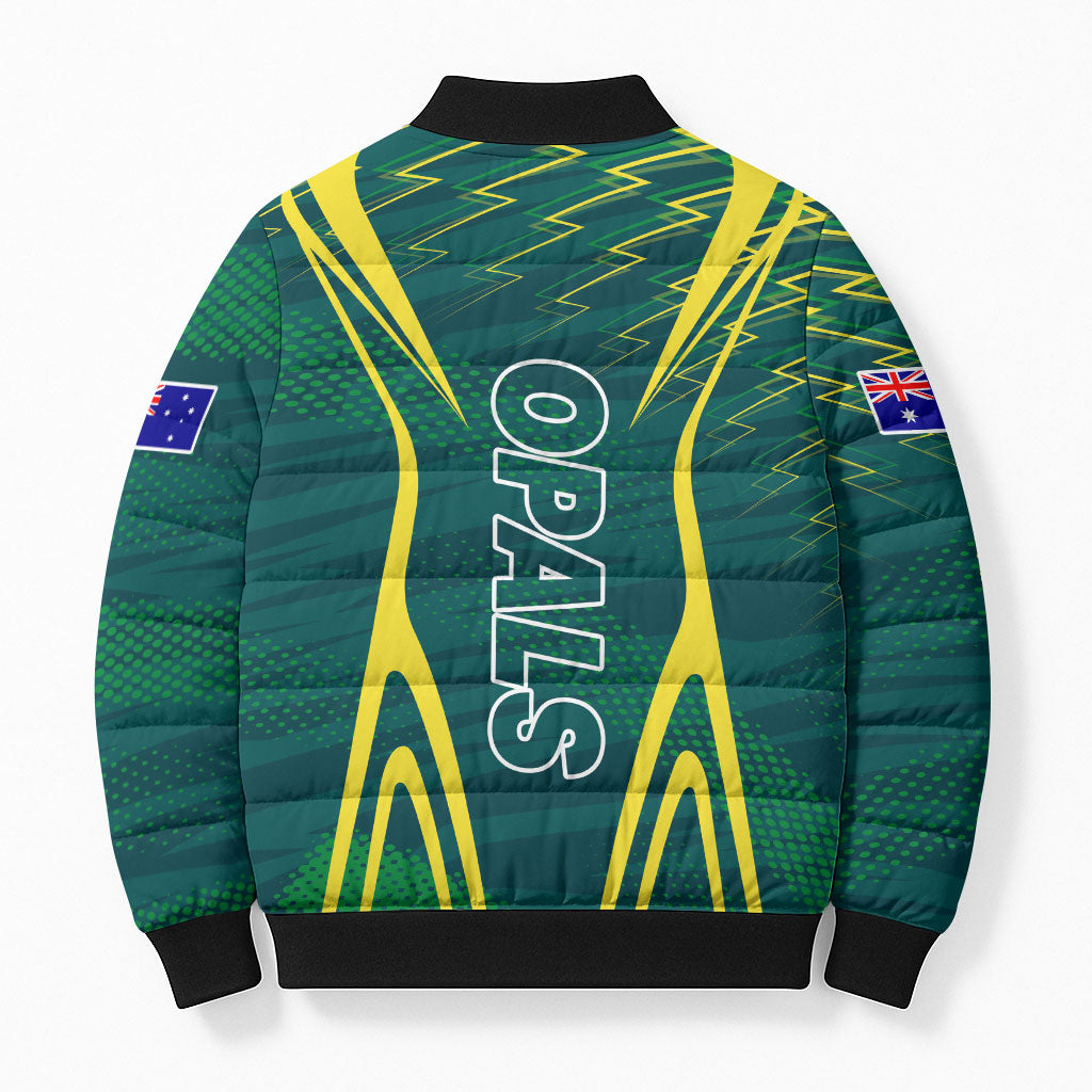 Australian Opals Basketball Bomber Puffer Jacket Iconic Green And Gold Silhouette With Sharp Abstract Graphics