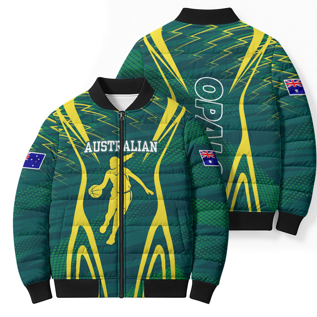 Australian Opals Basketball Bomber Puffer Jacket Iconic Green And Gold Silhouette With Sharp Abstract Graphics
