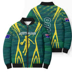Australian Opals Basketball Bomber Puffer Jacket Iconic Green And Gold Silhouette With Sharp Abstract Graphics