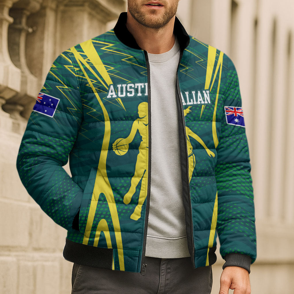 Australian Opals Basketball Bomber Puffer Jacket Iconic Green And Gold Silhouette With Sharp Abstract Graphics