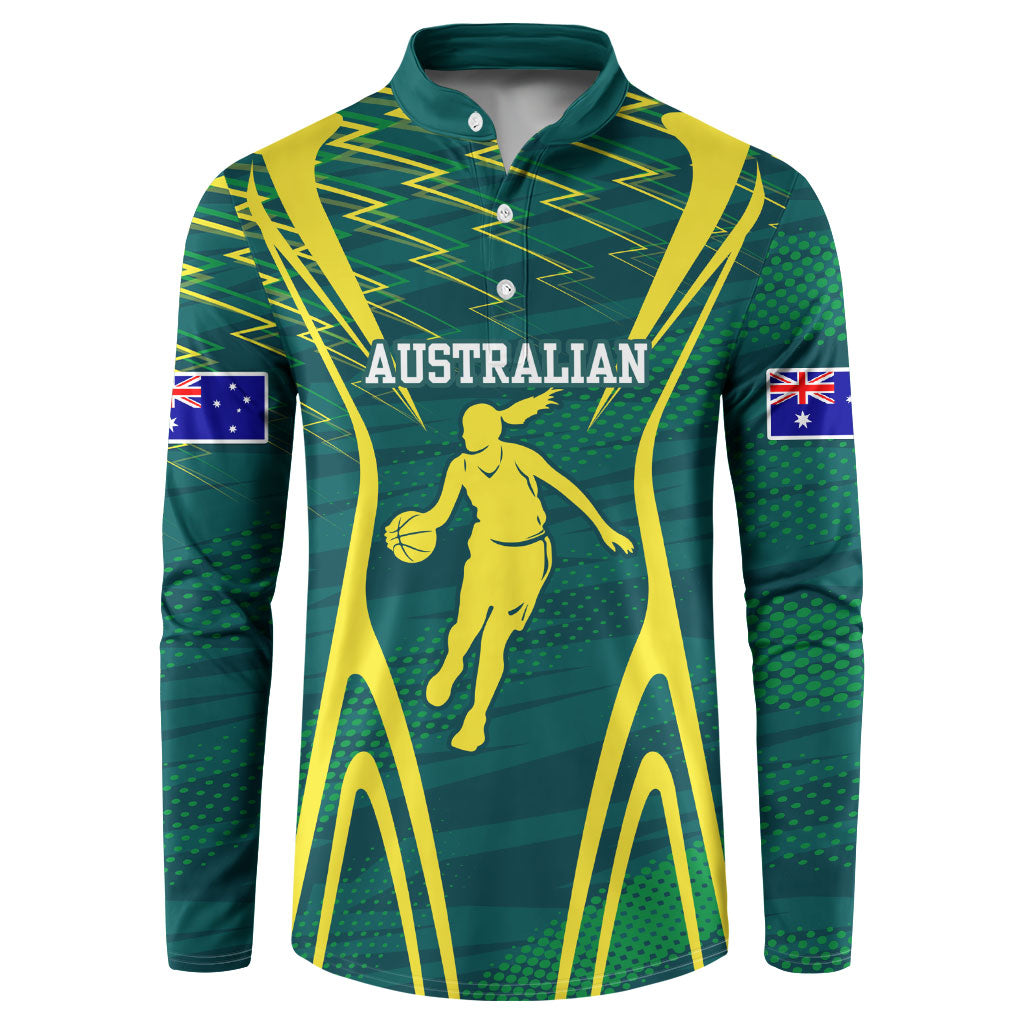 Australian Opals Basketball Button Sweatshirt Iconic Green And Gold Silhouette With Sharp Abstract Graphics