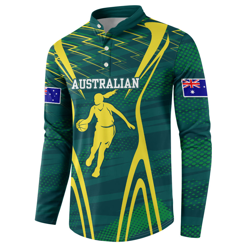 Australian Opals Basketball Button Sweatshirt Iconic Green And Gold Silhouette With Sharp Abstract Graphics
