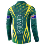 Australian Opals Basketball Button Sweatshirt Iconic Green And Gold Silhouette With Sharp Abstract Graphics
