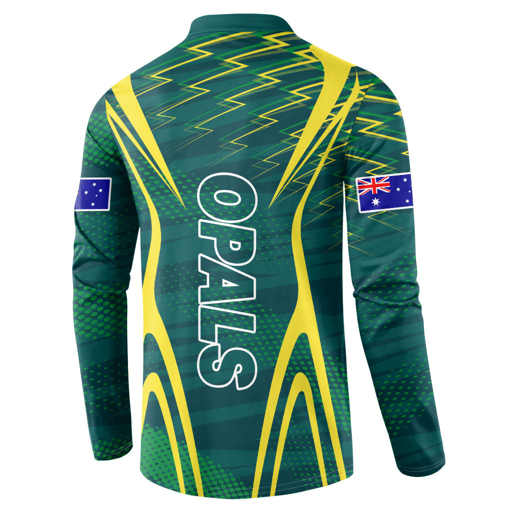 Australian Opals Basketball Button Sweatshirt Iconic Green And Gold Silhouette With Sharp Abstract Graphics