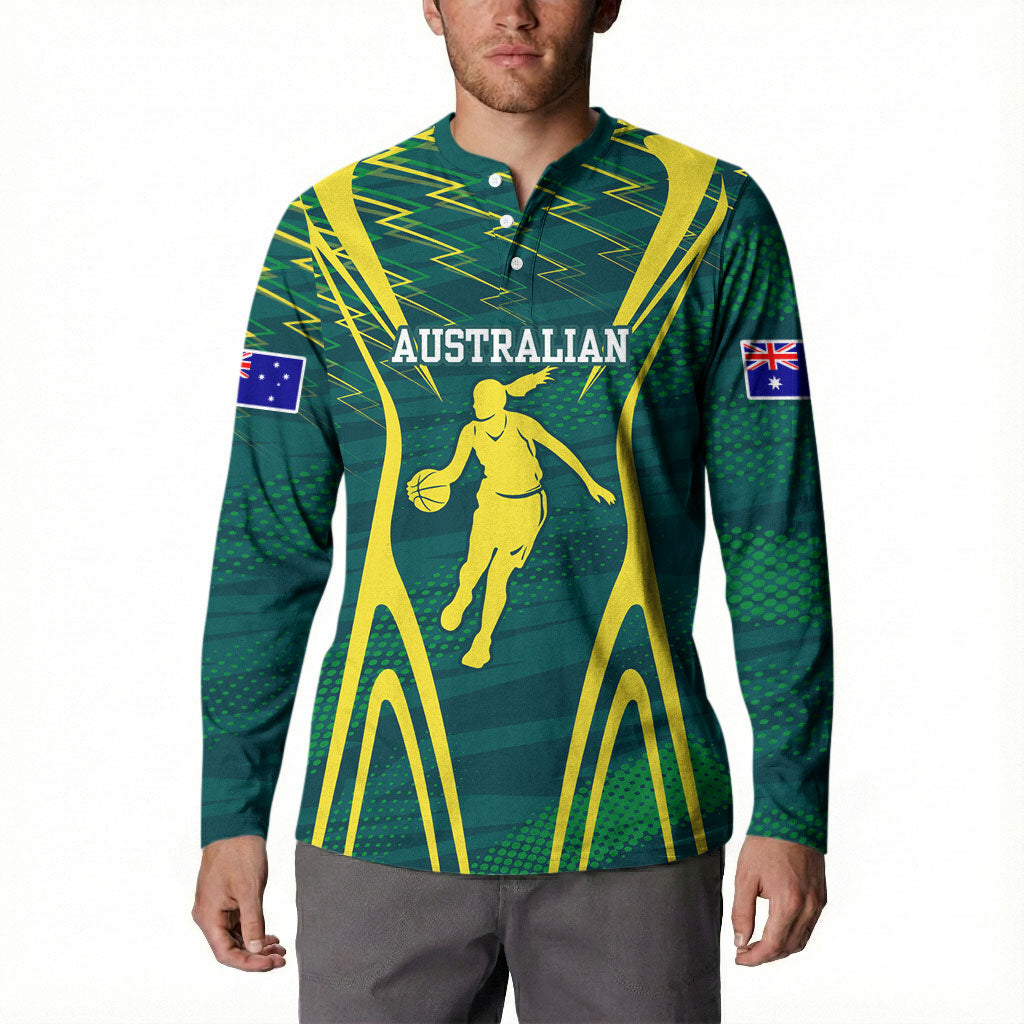 Australian Opals Basketball Button Sweatshirt Iconic Green And Gold Silhouette With Sharp Abstract Graphics