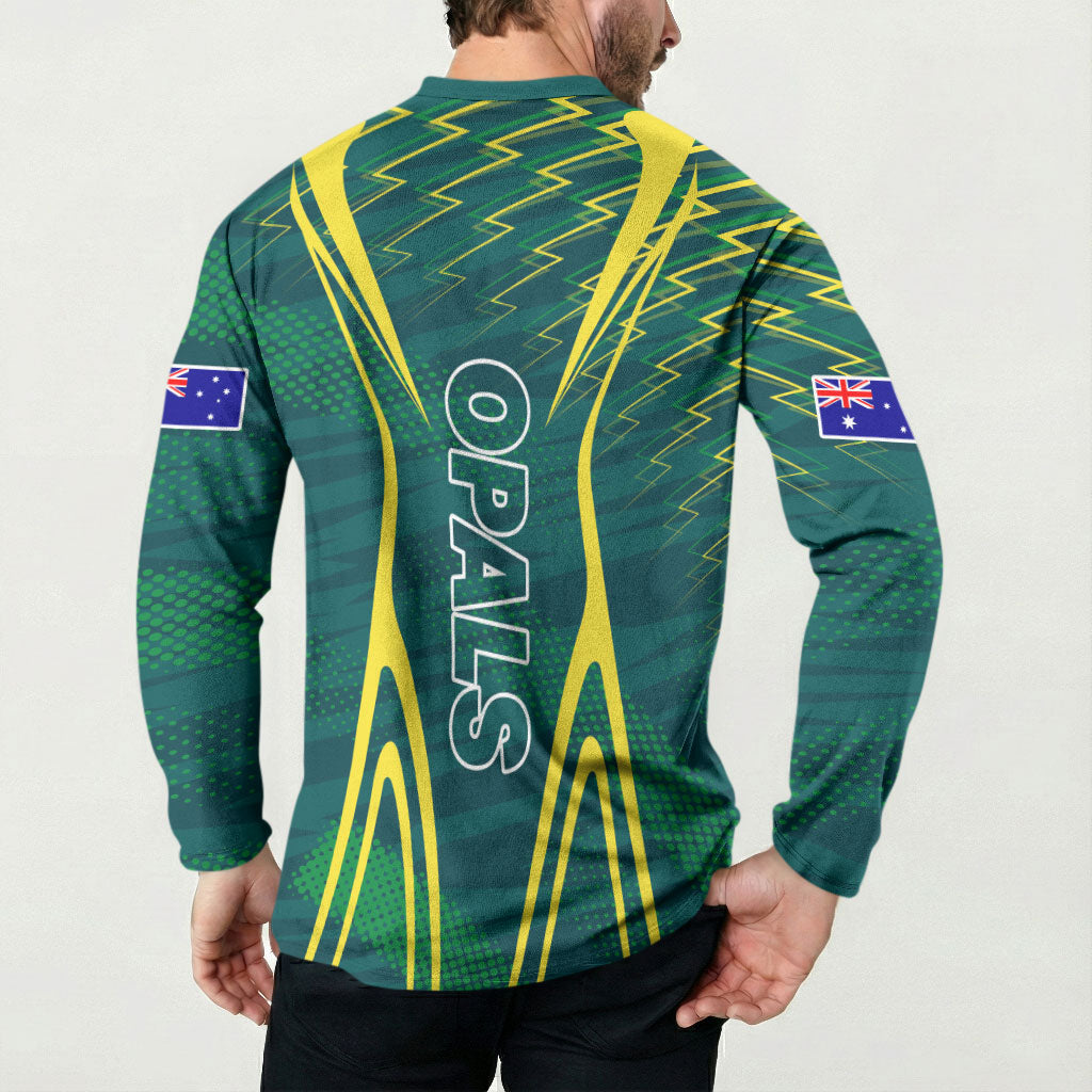 Australian Opals Basketball Button Sweatshirt Iconic Green And Gold Silhouette With Sharp Abstract Graphics