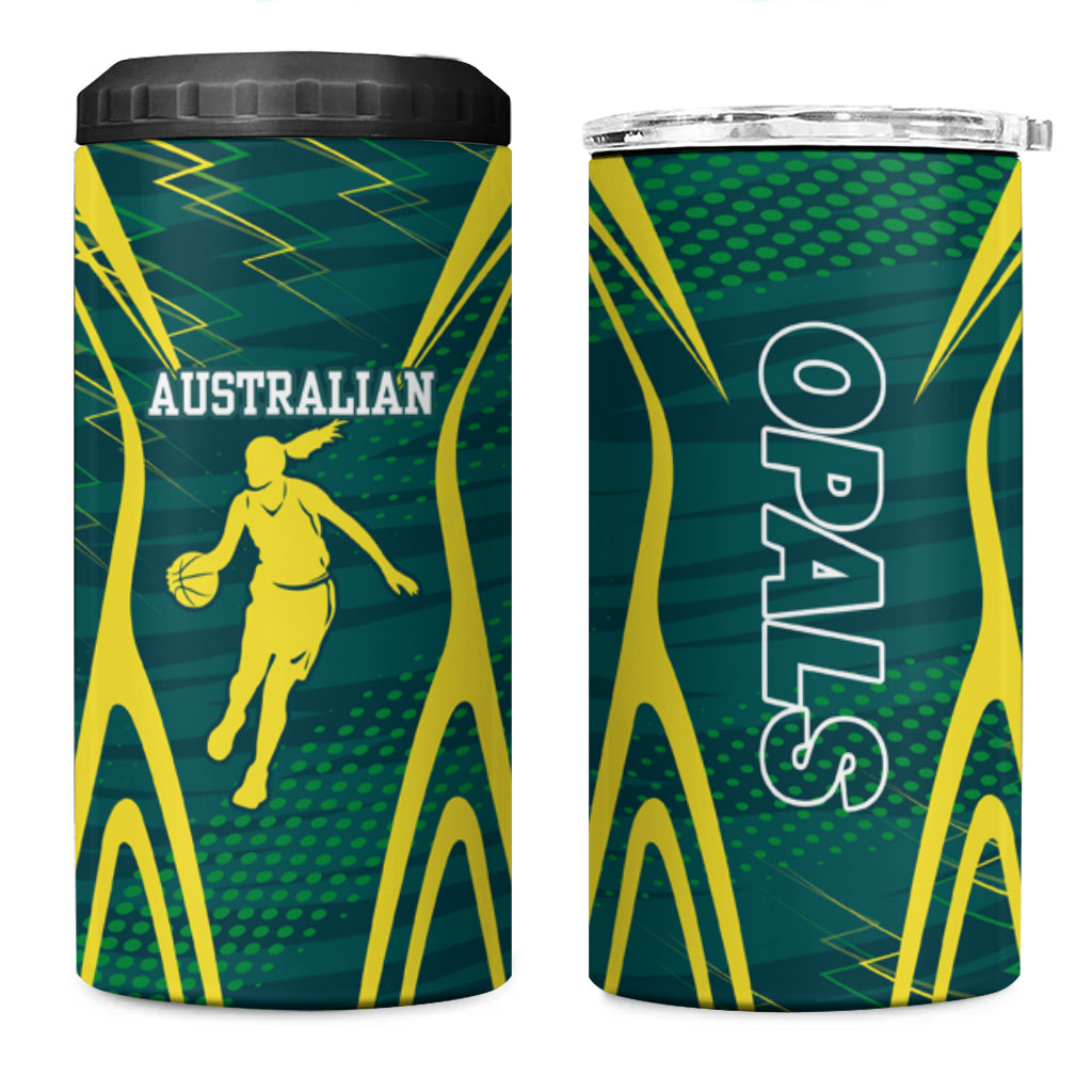 Australian Opals Basketball 4 in 1 Can Cooler Tumbler Iconic Green And Gold Silhouette With Sharp Abstract Graphics