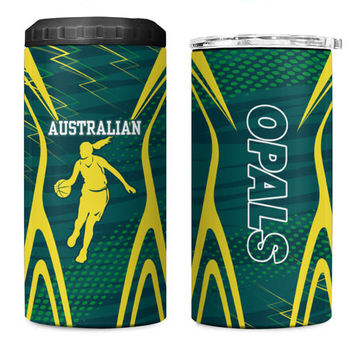 Australian Opals Basketball 4 in 1 Can Cooler Tumbler Iconic Green And Gold Silhouette With Sharp Abstract Graphics