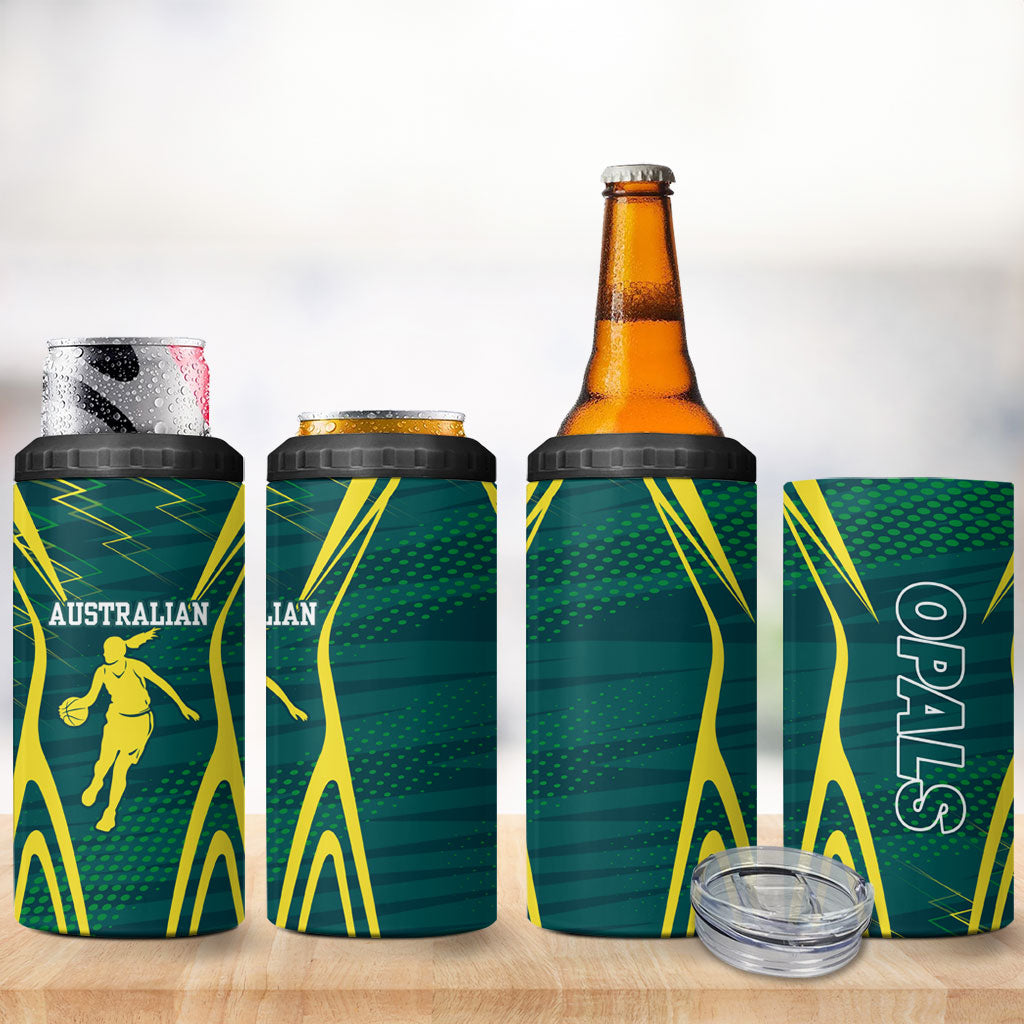 Australian Opals Basketball 4 in 1 Can Cooler Tumbler Iconic Green And Gold Silhouette With Sharp Abstract Graphics