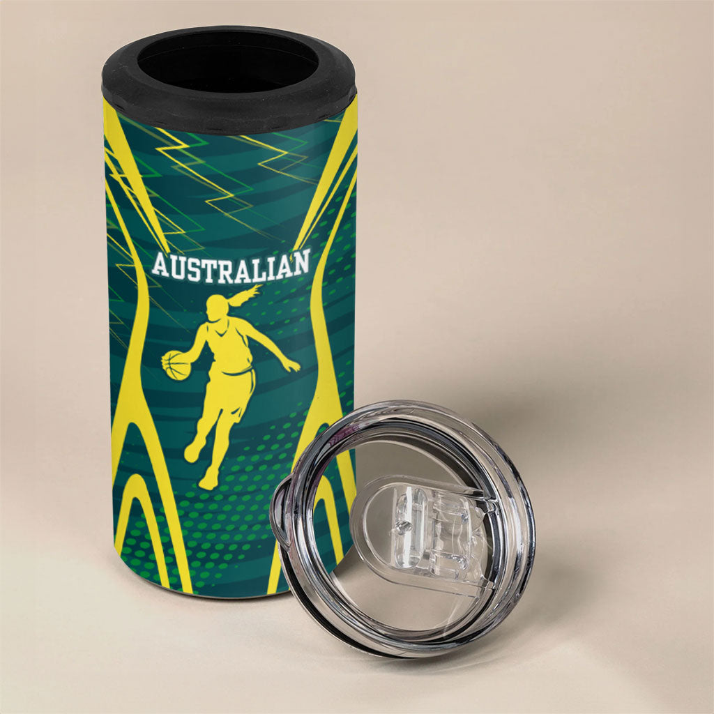 Australian Opals Basketball 4 in 1 Can Cooler Tumbler Iconic Green And Gold Silhouette With Sharp Abstract Graphics