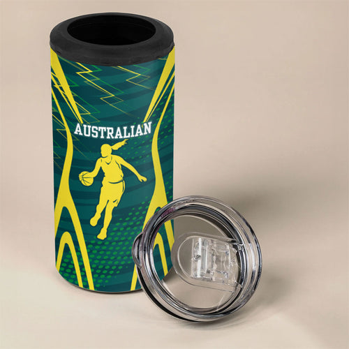Australian Opals Basketball 4 in 1 Can Cooler Tumbler Iconic Green And Gold Silhouette With Sharp Abstract Graphics