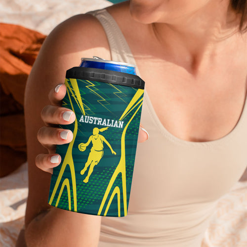 Australian Opals Basketball 4 in 1 Can Cooler Tumbler Iconic Green And Gold Silhouette With Sharp Abstract Graphics
