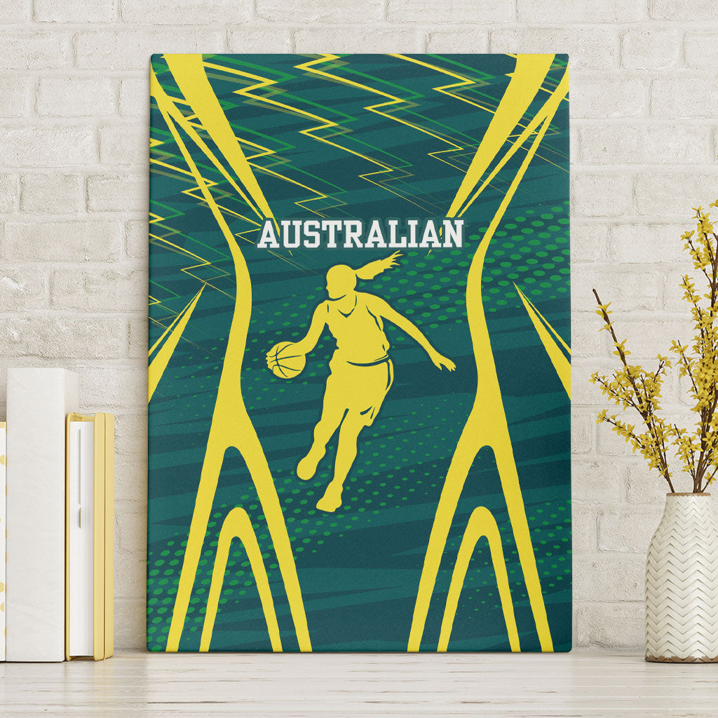 Australian Opals Basketball Canvas Wall Art Iconic Green And Gold Silhouette With Sharp Abstract Graphics