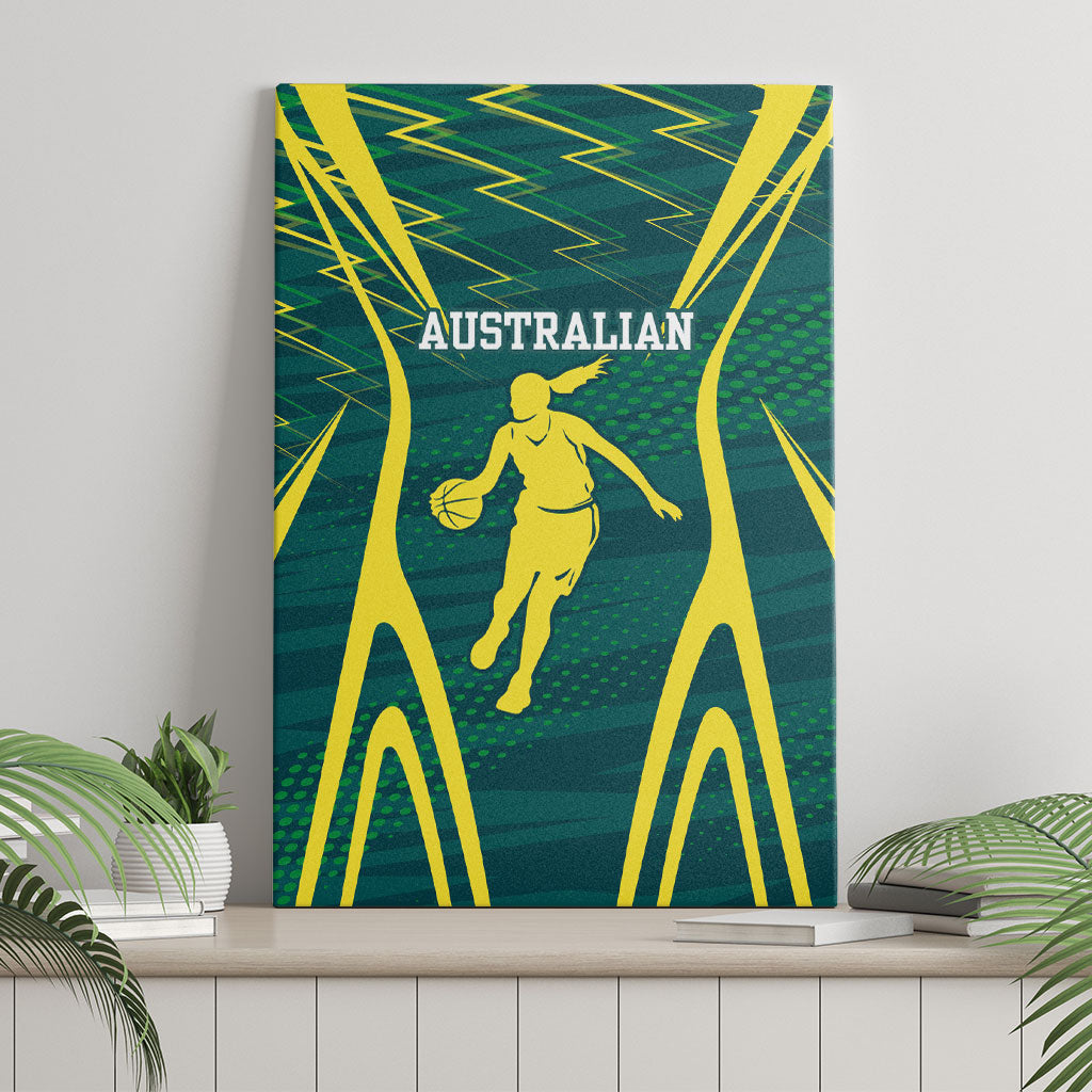 Australian Opals Basketball Canvas Wall Art Iconic Green And Gold Silhouette With Sharp Abstract Graphics