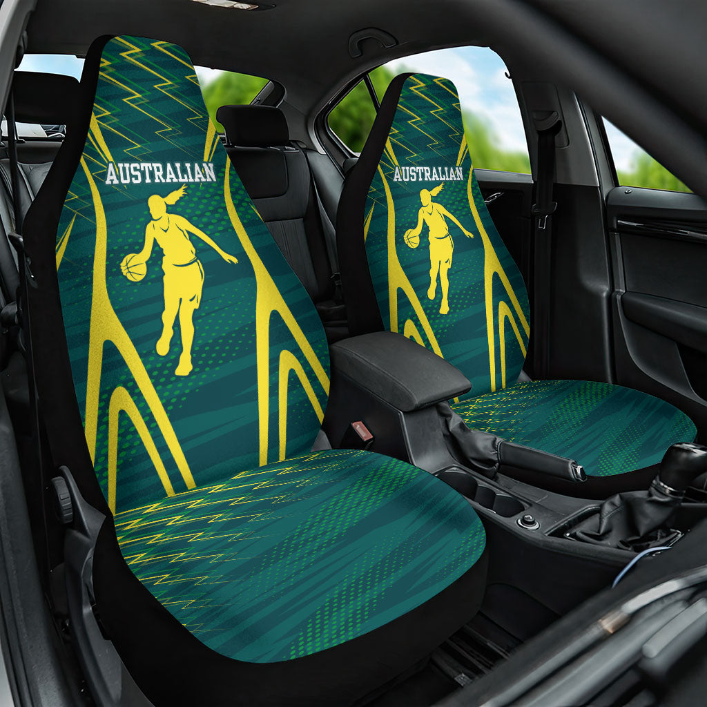 Australian Opals Basketball Car Seat Cover Iconic Green And Gold Silhouette With Sharp Abstract Graphics