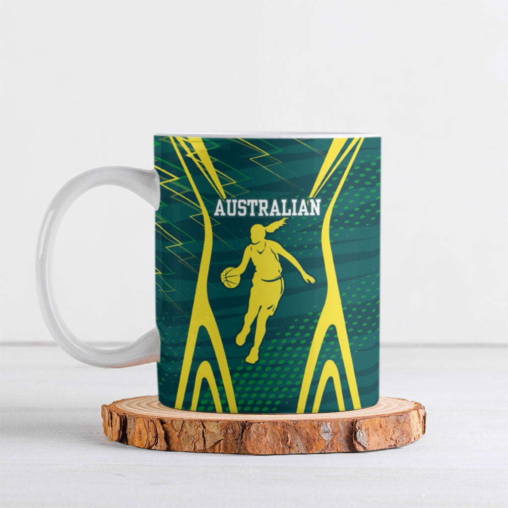 Australian Opals Basketball Ceramic Mug Iconic Green And Gold Silhouette With Sharp Abstract Graphics