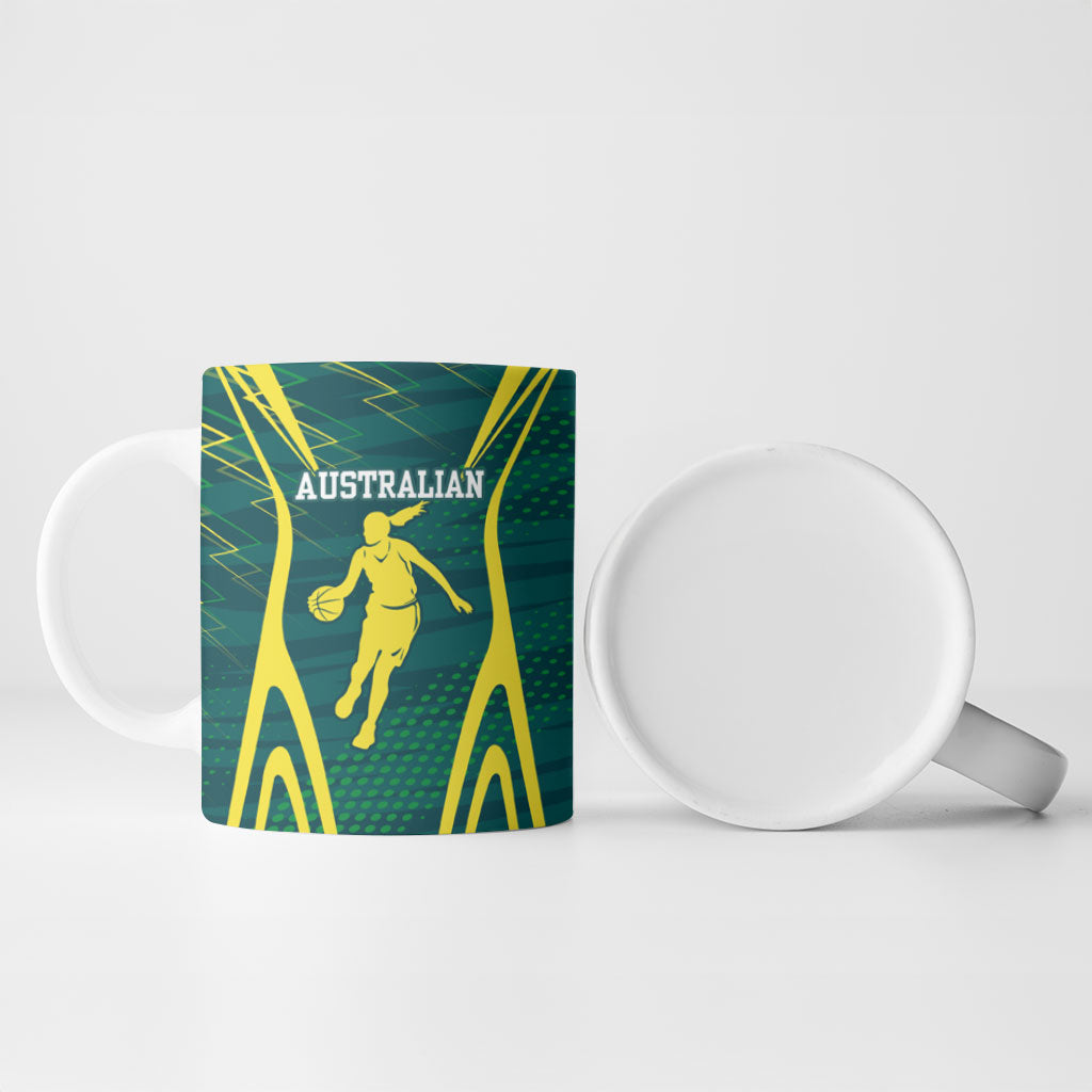 Australian Opals Basketball Ceramic Mug Iconic Green And Gold Silhouette With Sharp Abstract Graphics