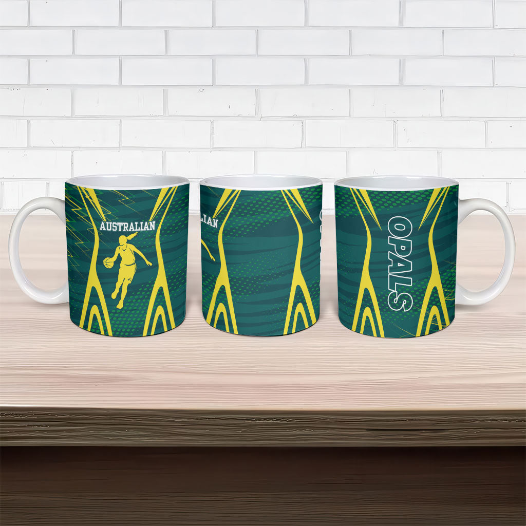 Australian Opals Basketball Ceramic Mug Iconic Green And Gold Silhouette With Sharp Abstract Graphics