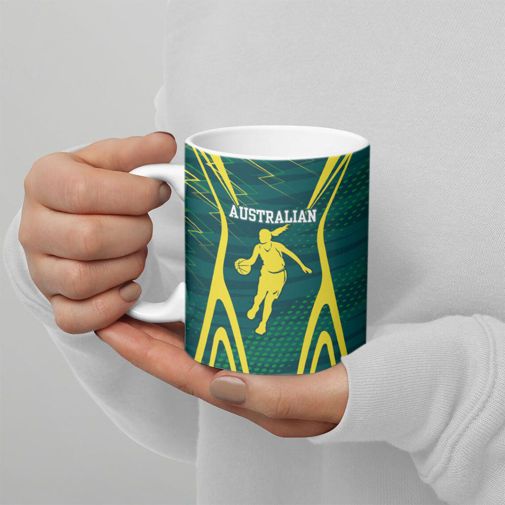 Australian Opals Basketball Ceramic Mug Iconic Green And Gold Silhouette With Sharp Abstract Graphics