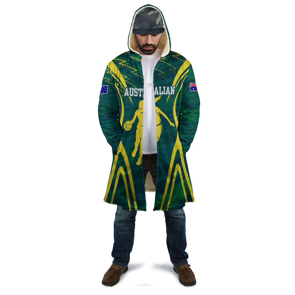 Australian Opals Basketball Cloak Iconic Green And Gold Silhouette With Sharp Abstract Graphics