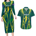 Australian Opals Basketball Couples Matching Long Sleeve Bodycon Dress and Hawaiian Shirt Iconic Green And Gold Silhouette With Sharp Abstract Graphics
