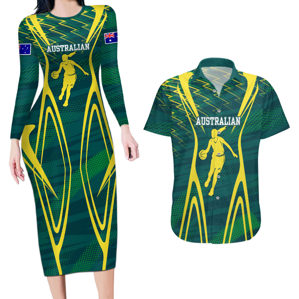 Australian Opals Basketball Couples Matching Long Sleeve Bodycon Dress and Hawaiian Shirt Iconic Green And Gold Silhouette With Sharp Abstract Graphics