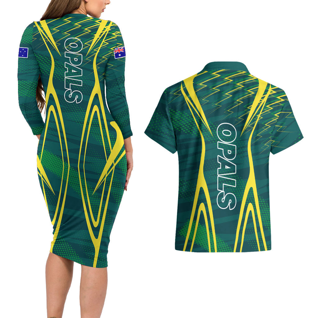 Australian Opals Basketball Couples Matching Long Sleeve Bodycon Dress and Hawaiian Shirt Iconic Green And Gold Silhouette With Sharp Abstract Graphics