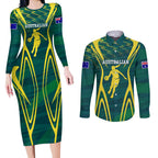 Australian Opals Basketball Couples Matching Long Sleeve Bodycon Dress and Long Sleeve Button Shirt Iconic Green And Gold Silhouette With Sharp Abstract Graphics