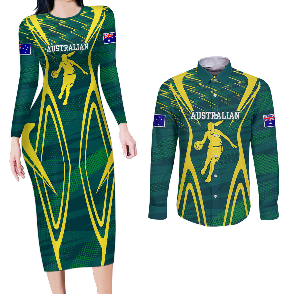 Australian Opals Basketball Couples Matching Long Sleeve Bodycon Dress and Long Sleeve Button Shirt Iconic Green And Gold Silhouette With Sharp Abstract Graphics