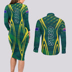 Australian Opals Basketball Couples Matching Long Sleeve Bodycon Dress and Long Sleeve Button Shirt Iconic Green And Gold Silhouette With Sharp Abstract Graphics