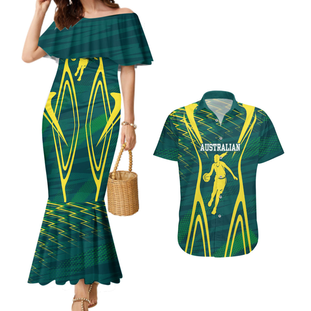 Australian Opals Basketball Couples Matching Mermaid Dress and Hawaiian Shirt Iconic Green And Gold Silhouette With Sharp Abstract Graphics