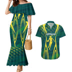 Australian Opals Basketball Couples Matching Mermaid Dress and Hawaiian Shirt Iconic Green And Gold Silhouette With Sharp Abstract Graphics