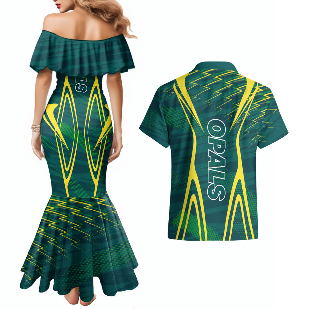 Australian Opals Basketball Couples Matching Mermaid Dress and Hawaiian Shirt Iconic Green And Gold Silhouette With Sharp Abstract Graphics
