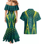 Australian Opals Basketball Couples Matching Mermaid Dress and Hawaiian Shirt Iconic Green And Gold Silhouette With Sharp Abstract Graphics