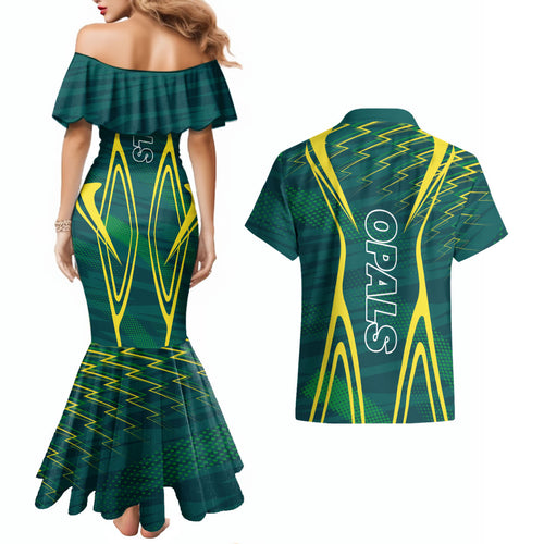 Australian Opals Basketball Couples Matching Mermaid Dress and Hawaiian Shirt Iconic Green And Gold Silhouette With Sharp Abstract Graphics
