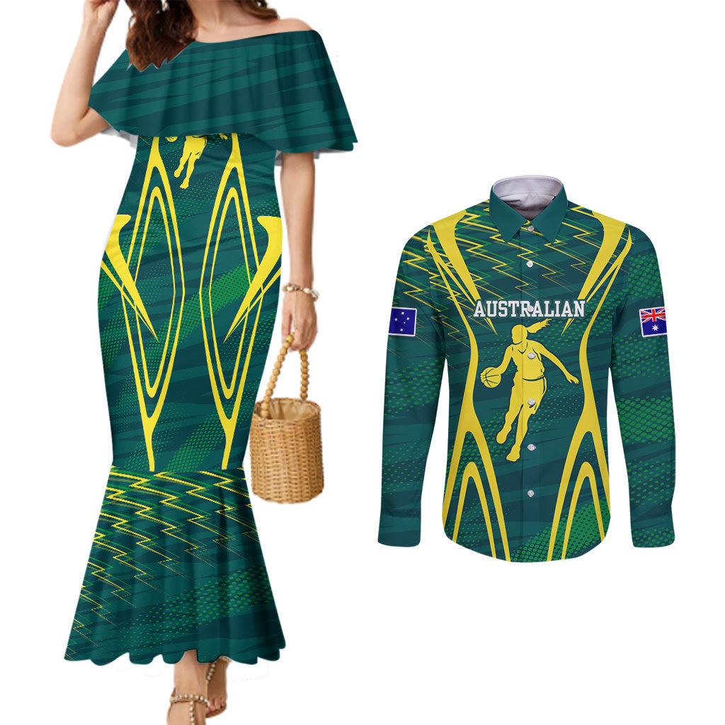 Australian Opals Basketball Couples Matching Mermaid Dress and Long Sleeve Button Shirt Iconic Green And Gold Silhouette With Sharp Abstract Graphics