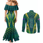 Australian Opals Basketball Couples Matching Mermaid Dress and Long Sleeve Button Shirt Iconic Green And Gold Silhouette With Sharp Abstract Graphics