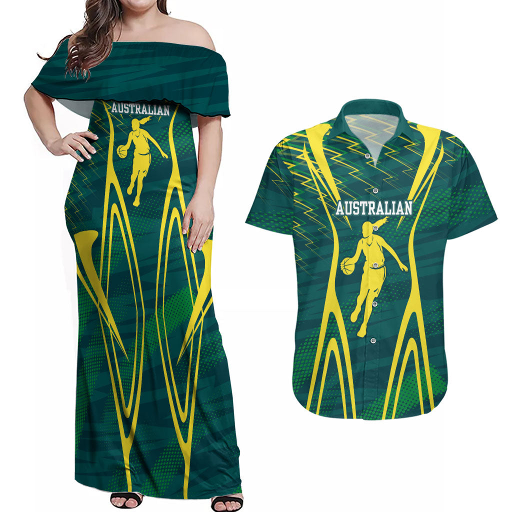 Australian Opals Basketball Couples Matching Off Shoulder Maxi Dress and Hawaiian Shirt Iconic Green And Gold Silhouette With Sharp Abstract Graphics
