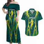 Australian Opals Basketball Couples Matching Off Shoulder Maxi Dress and Hawaiian Shirt Iconic Green And Gold Silhouette With Sharp Abstract Graphics