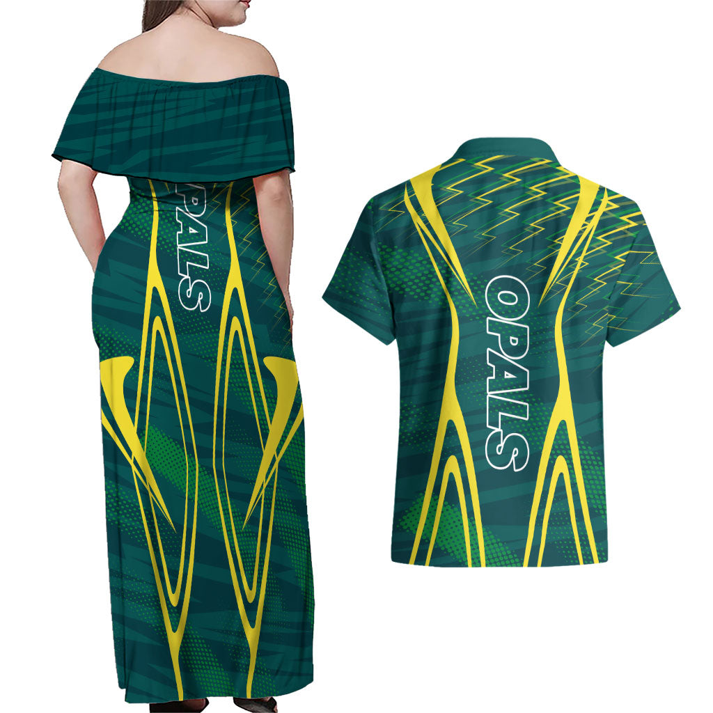 Australian Opals Basketball Couples Matching Off Shoulder Maxi Dress and Hawaiian Shirt Iconic Green And Gold Silhouette With Sharp Abstract Graphics