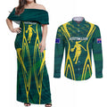 Australian Opals Basketball Couples Matching Off Shoulder Maxi Dress and Long Sleeve Button Shirt Iconic Green And Gold Silhouette With Sharp Abstract Graphics